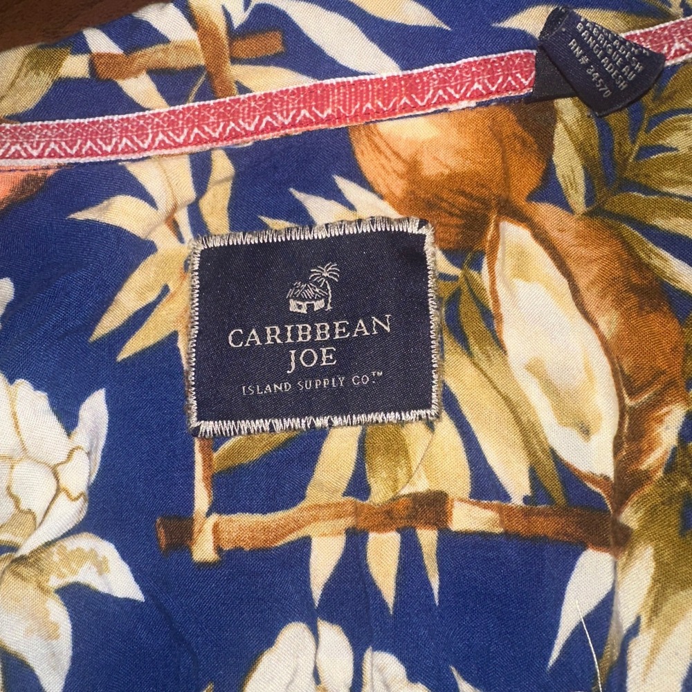 Caribbean Joe Mens Blue Tropical Pineapple Coconut Rayon Button Down Shirt L - Picture 7 of 10